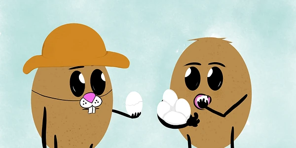 Easter Mishaps Banner: Tater and Tate sanding behind a blue background, Tater with a bunny mask on his face holding up an egg, with a crack in the middle while Tate is eatting one the eggs with four more in his other arm.