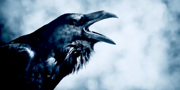 Night of the green potato banner: An illustration of a crow with it's month open behind a stormy background.